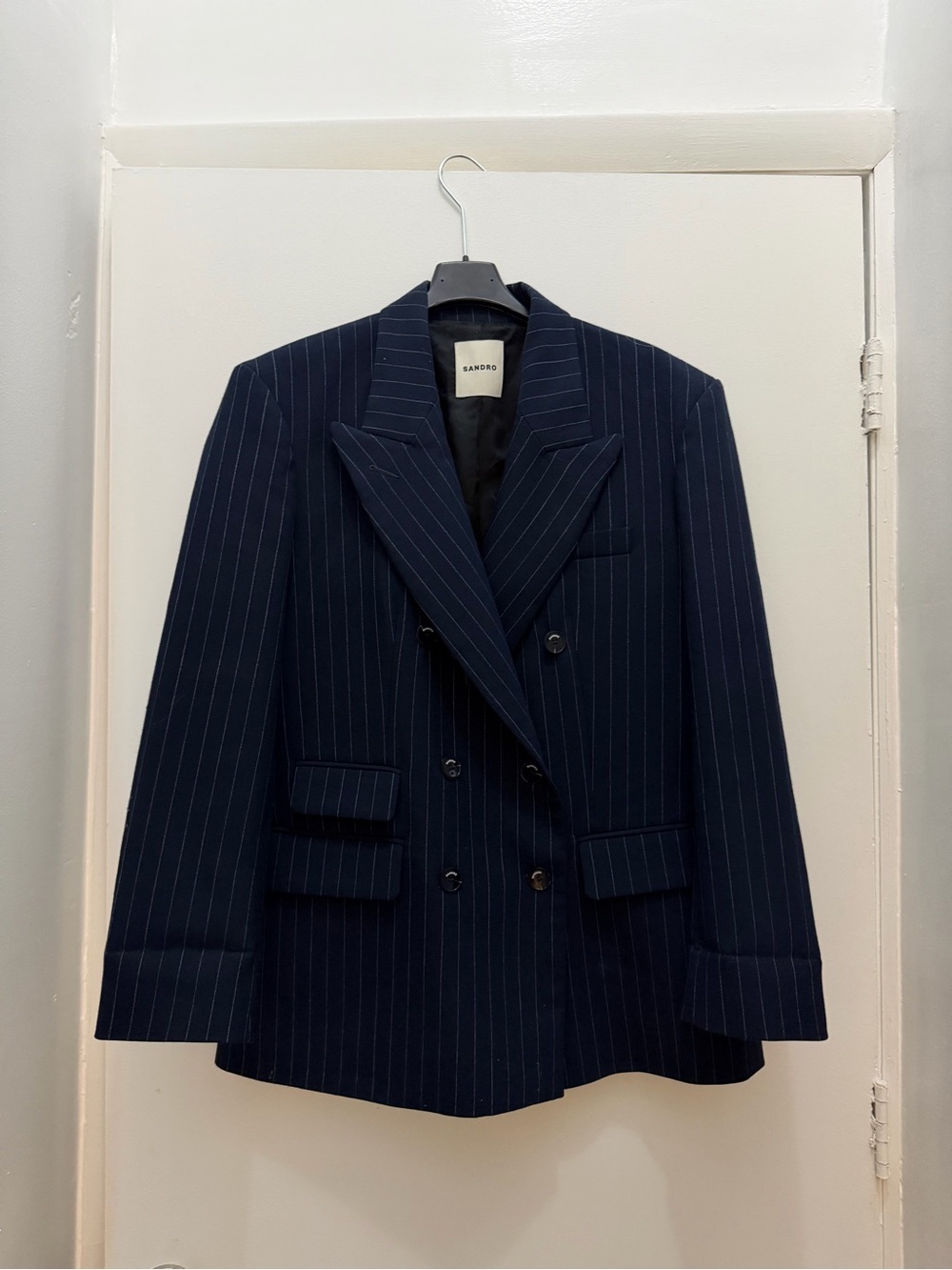 Sandro Navy Pinstripe Double-Breasted Blazer size 42